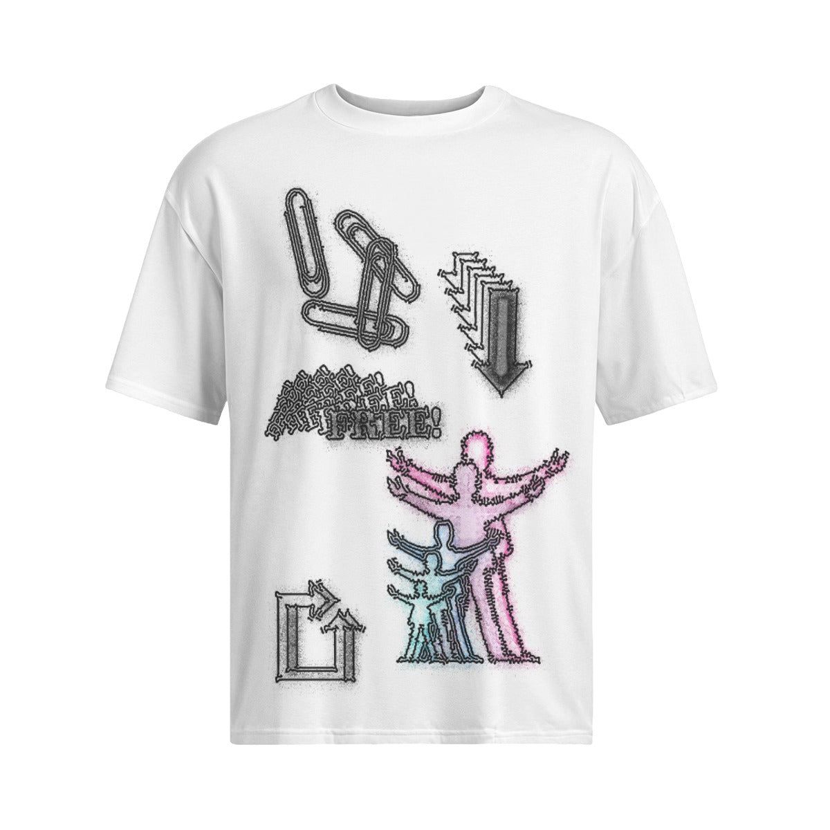 White t-shirt with black and colorful graphic designs on a white background